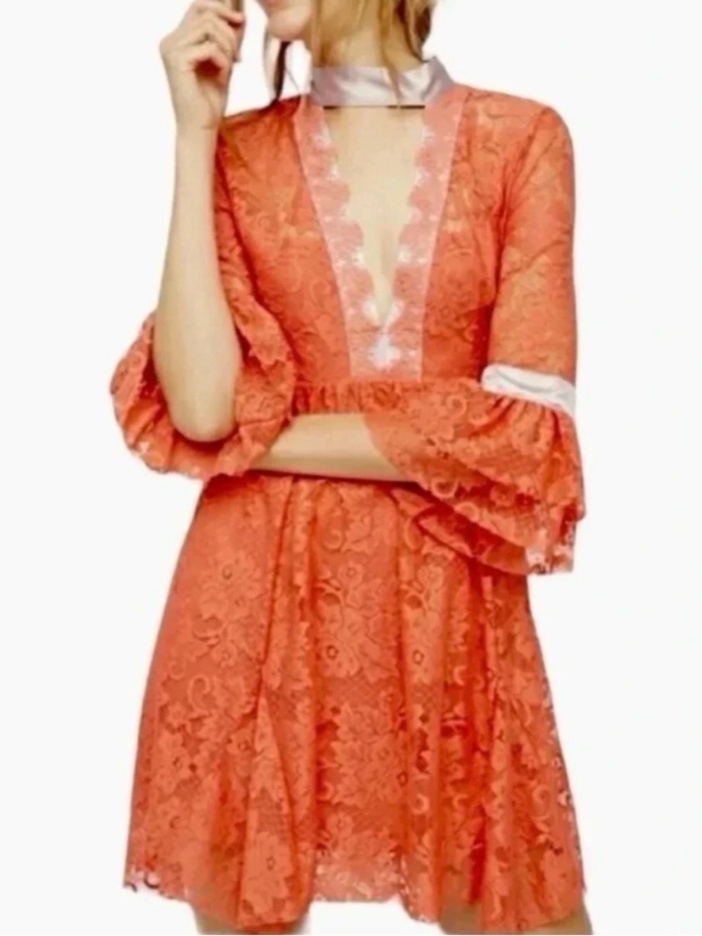 Free People Coral Lace V-Neck Babydoll Dress